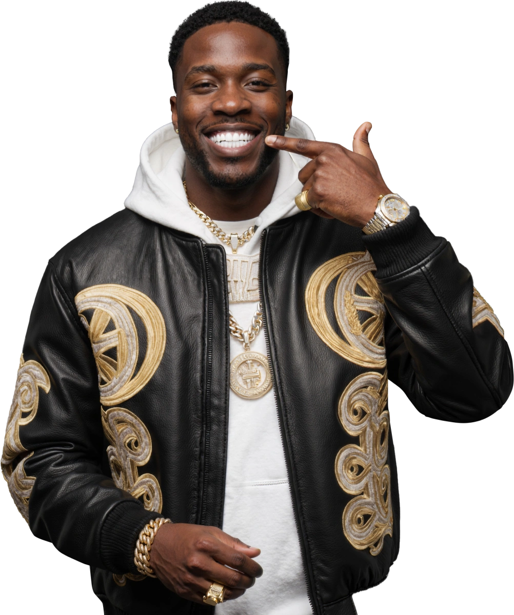 man pointing at his smile